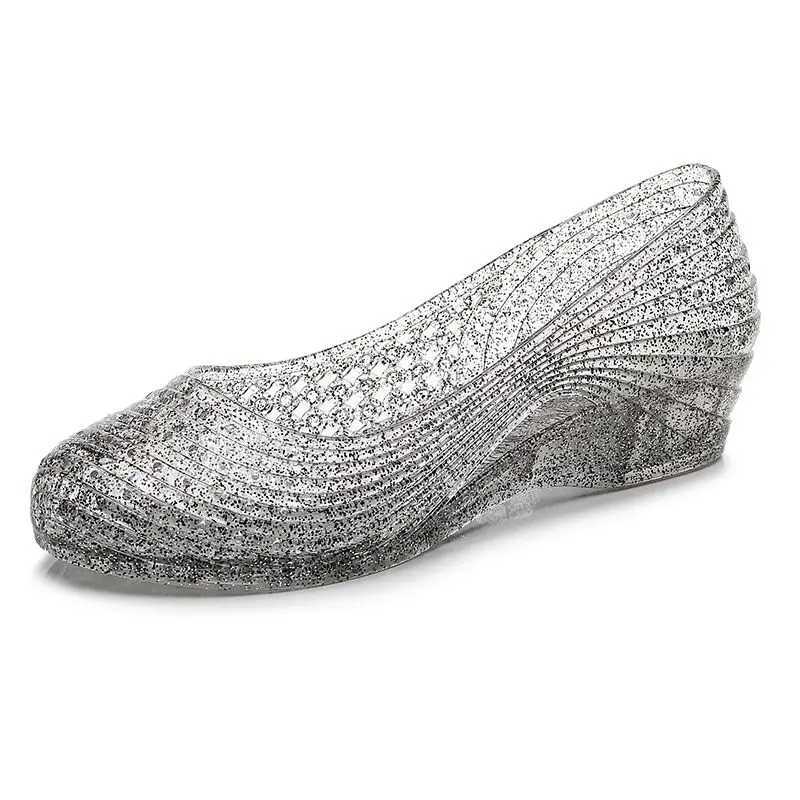 High Quality New Woman Shallow High Heel Crystal Shoes Womens Wedge Heel Sandals Jelly Breathable Slip-on mom Sandals T241227