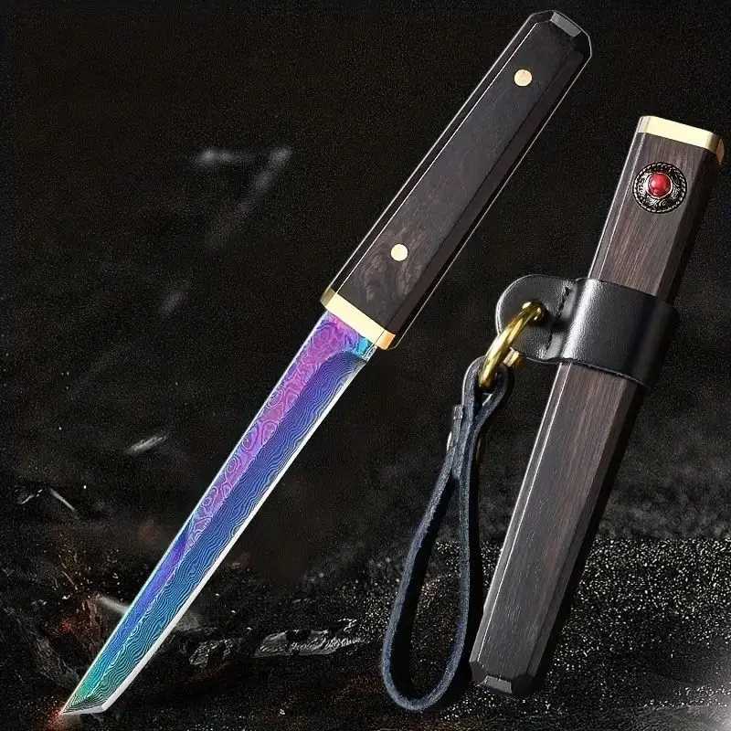 1 piece Damascus steel Tanto knife - mini Katana fixed blade for fruit slicing opening letters and displaying collections Y241227