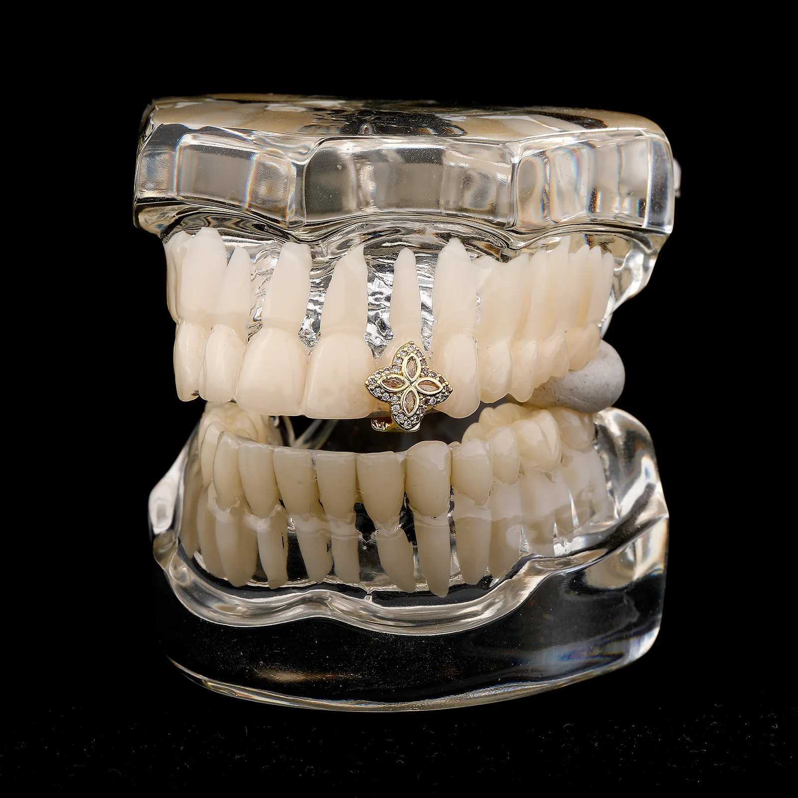 TOPGRILLZ Gold Silver Color Single Flower d Out Grillz Teeth Men Women Hip Hop Bling Tooth Grills Cs Fashion Jewelry W241227