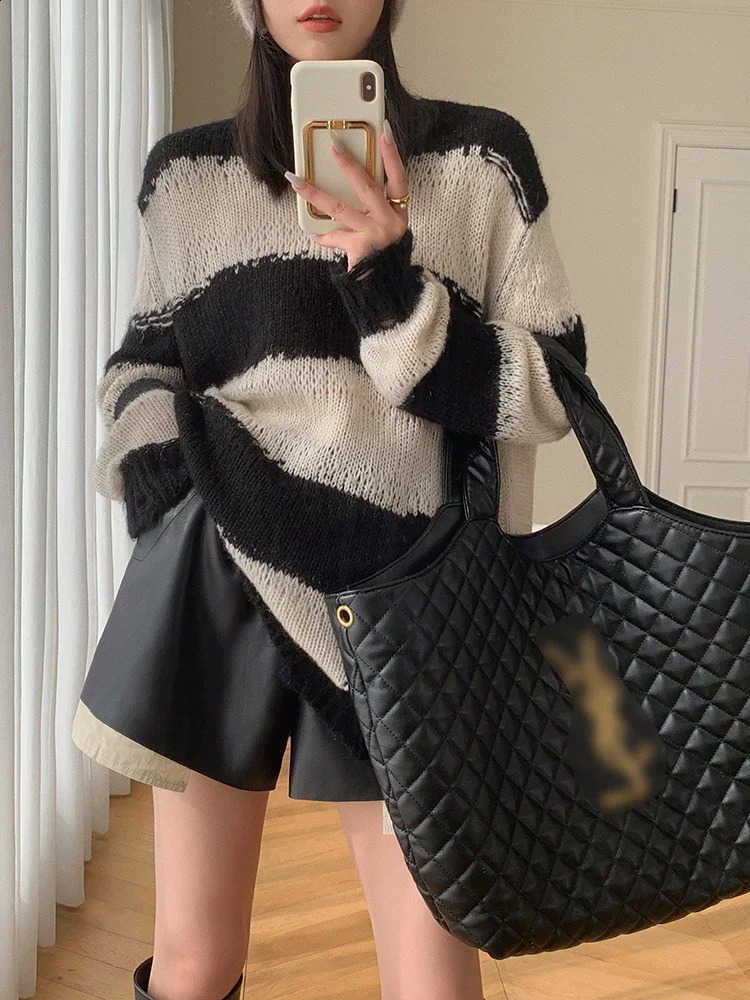 Pullover black and white striped sweater womens autumn winter loose thin versatile bottomed knitted top trendy 1Pc 241223