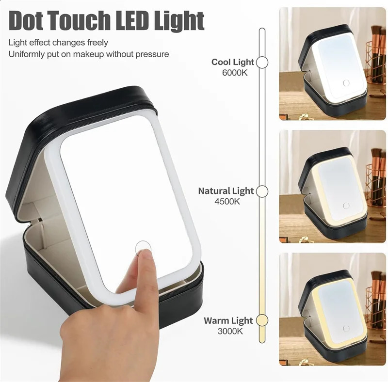 Makeup Tools Storage Case with LED Mirror Small Makeup Bag with Lighted Mirror 3 Colors Adjustable Makeup Mirror Storage Box 241223