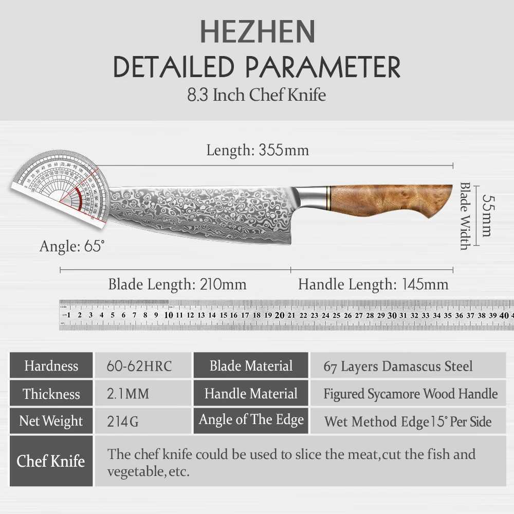 Hebei 8.3 Chef Knife 67 Layer Damascus Steel 65 Angle Cooking Tool Core Blade Kitchen Knife Accessories Y241227