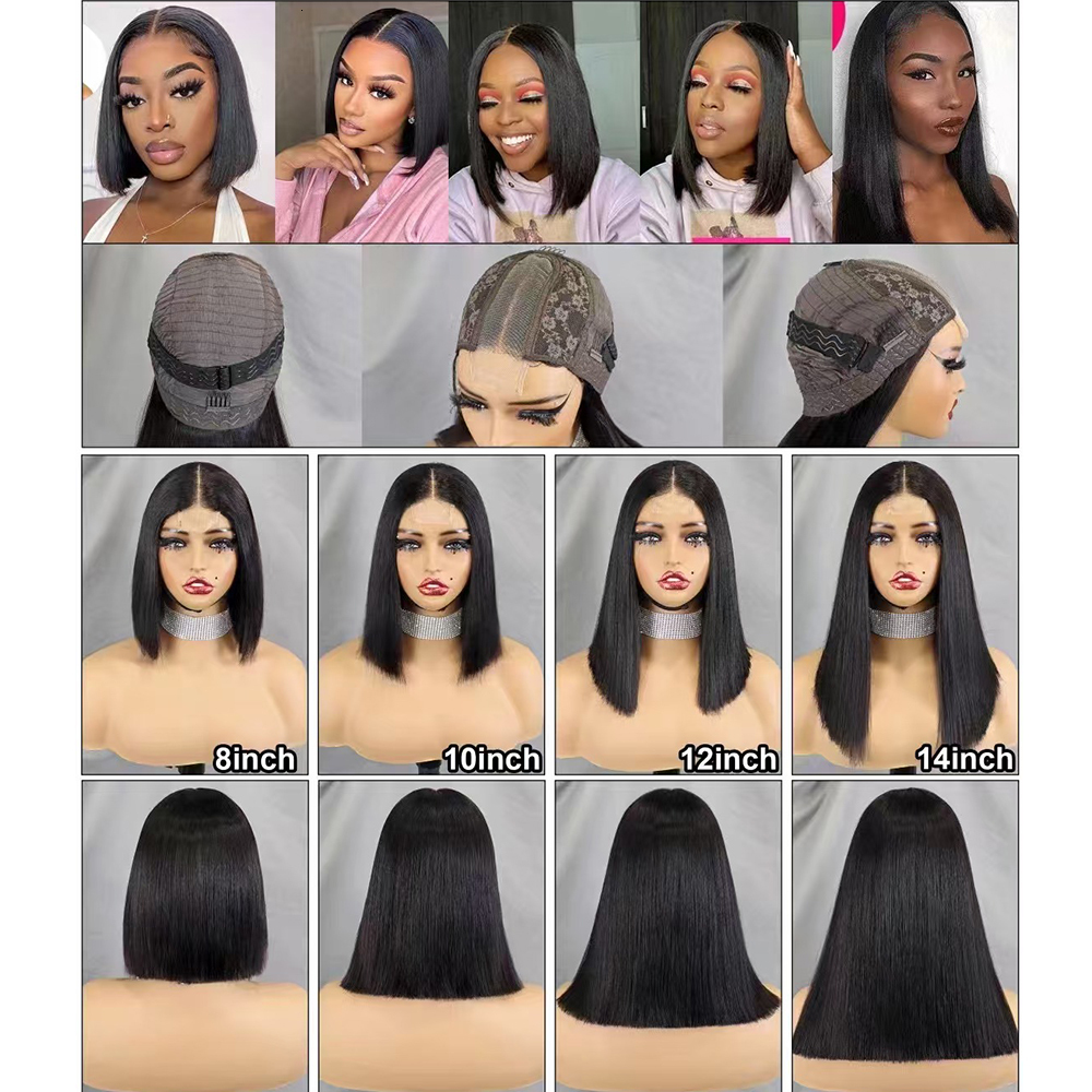 Glueless Double Drawn 12A 350% Density Straight Bob Human Hair Wig 2X6 HD Lace Closure Frontal Wigs For Women