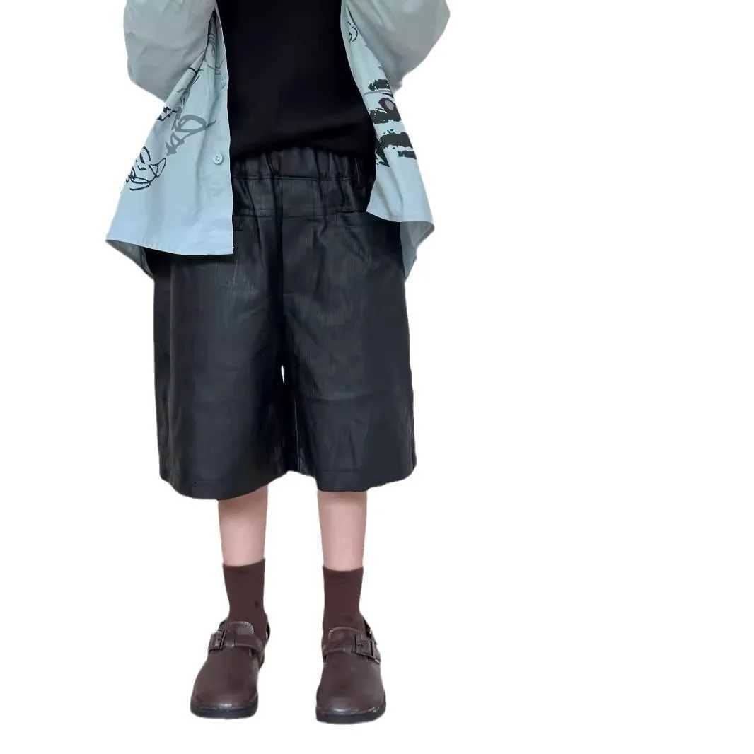 Spring and Autumn Childrens Leather Shorts Solid Elastic Waist Childrens Knee Length Shorts Retro Waterproof Preschool Boys Shorts W241227