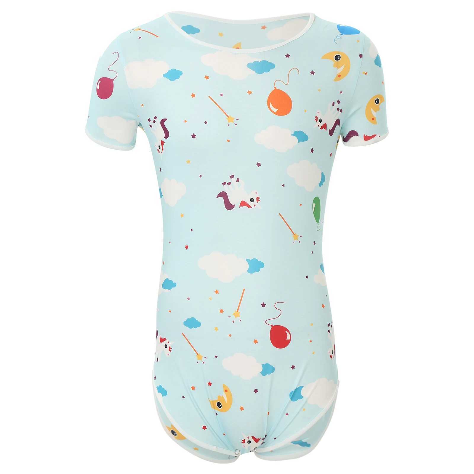 Sexy Mens Short Sleeve Buttoned Crotch Diaper Rompers Pajama Cute Cartoon Print Sissy Bodysuit Sleepwear Swimwear Bathing SuitXJ241227