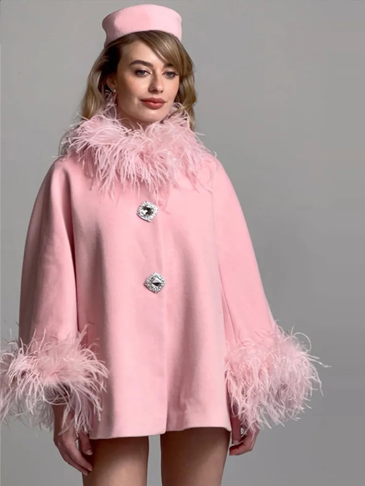 Elegant Feather Collar Cape Coats For Women Casual Solid Single Breasted Jackets Lady Autumn Chic Loose High Street Outwear Tops 241230