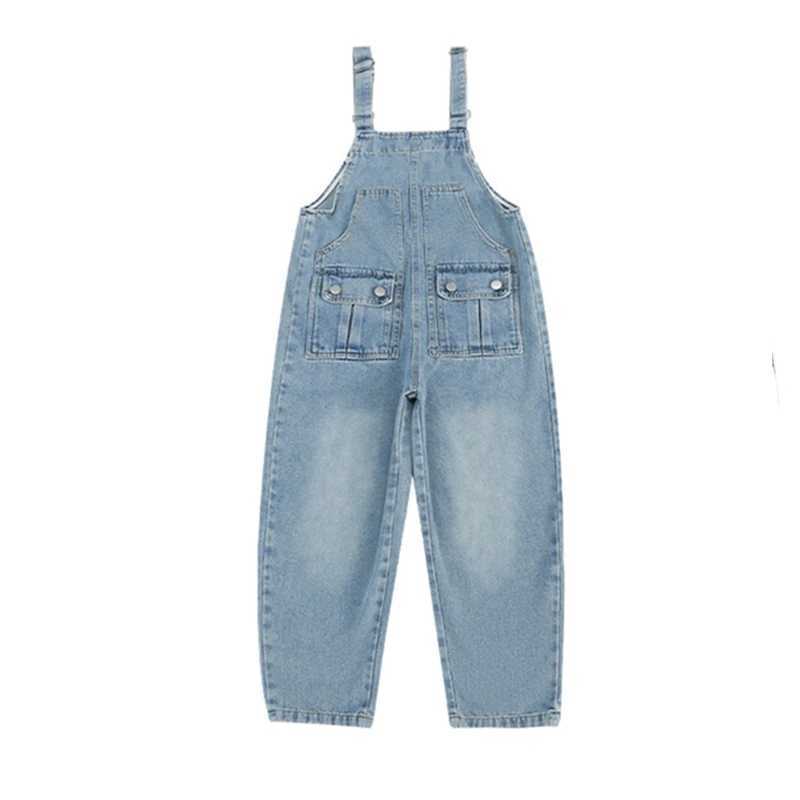 Spring and autumn childrens jumpsuit with pockets girls hanging jeans Trouser childrens girls denim jacket teenagers bib pants W241227