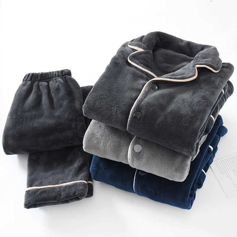 New autumn and winter mens pajamas long-sleeved trousers thickened warm suit home service flannel plus size two-piece suitXJ241227