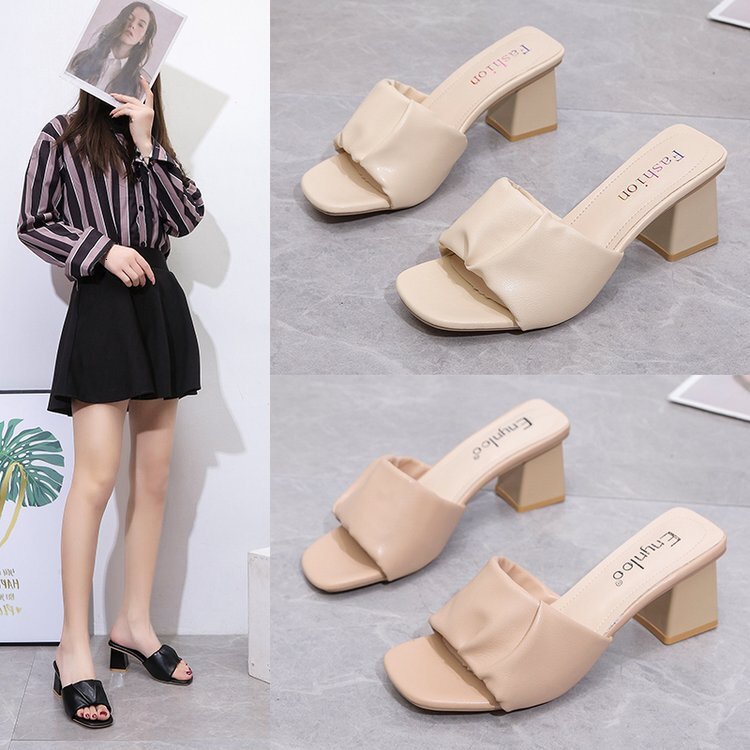 Ddmywed Slippers For Women Wearing High Thick Heels, Square Toe Sandals Spring/Summer New Korean Version Shoes, Women's Shoe Trend Chinese Brand 