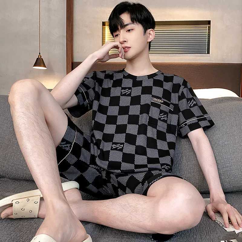 Summer Mens Plus Size Lounge Wear Fashion Cotton Pajamas Short Sleeve Pj Set Printed Stylish Plaid Homewear 3xl 4xl NightwearXJ241227
