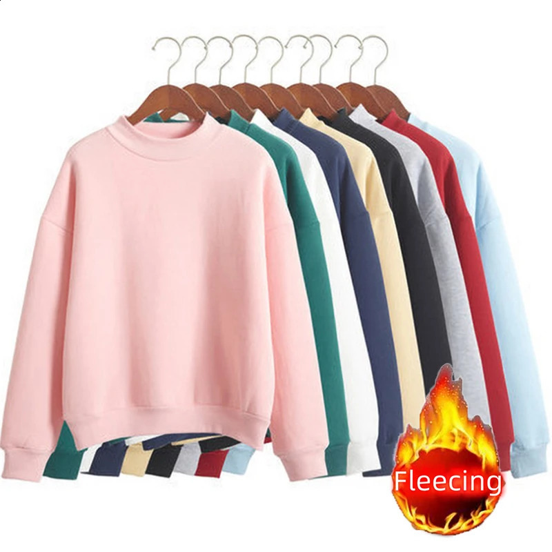 Fleecing Half High Neck Long Sleeve Casual Top For Women Clothing Autumn Winter Trend Solid Simple Pink Sweatshirts Basic 241226