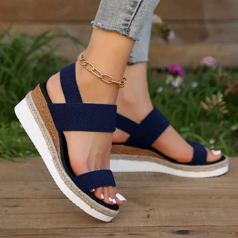 High Quality Womens Shoes Hot Sale Elastic Band Womens Sandals Summer Open Toe Solid Color Wedge Beach Shoes Ladies Platform Sandals T241227