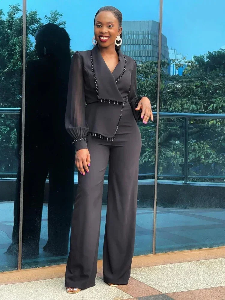 AOMEI Elegant Womens Polo Bubble Sleeve Loose Wide Leg Pants Autumn/Winter OL Office Womens Party Jumpsuit 241224