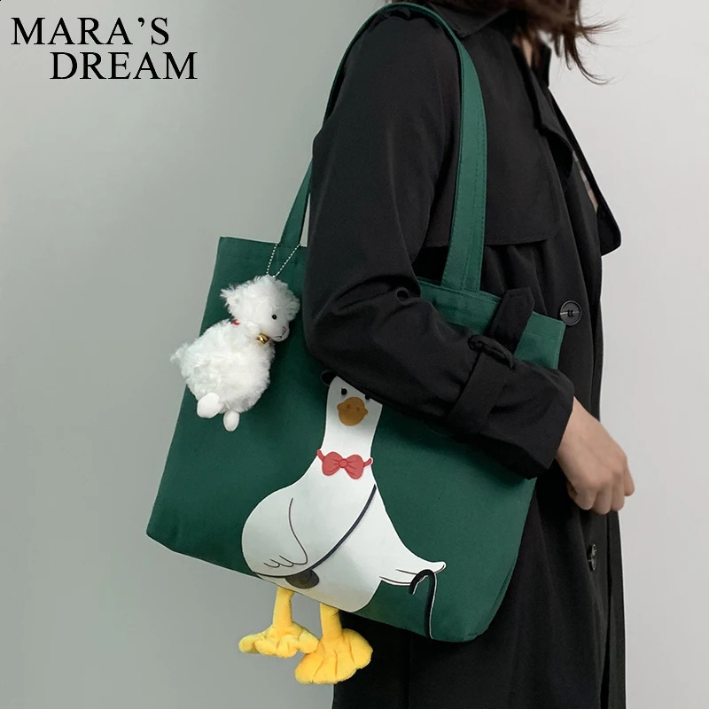 Maras Dream Women Shoulder Shopper Bag Cute Duck Cartoon Print Casual Kawaii Canvas Tote Shopping Cotton Cloth Eco Handbags 241225