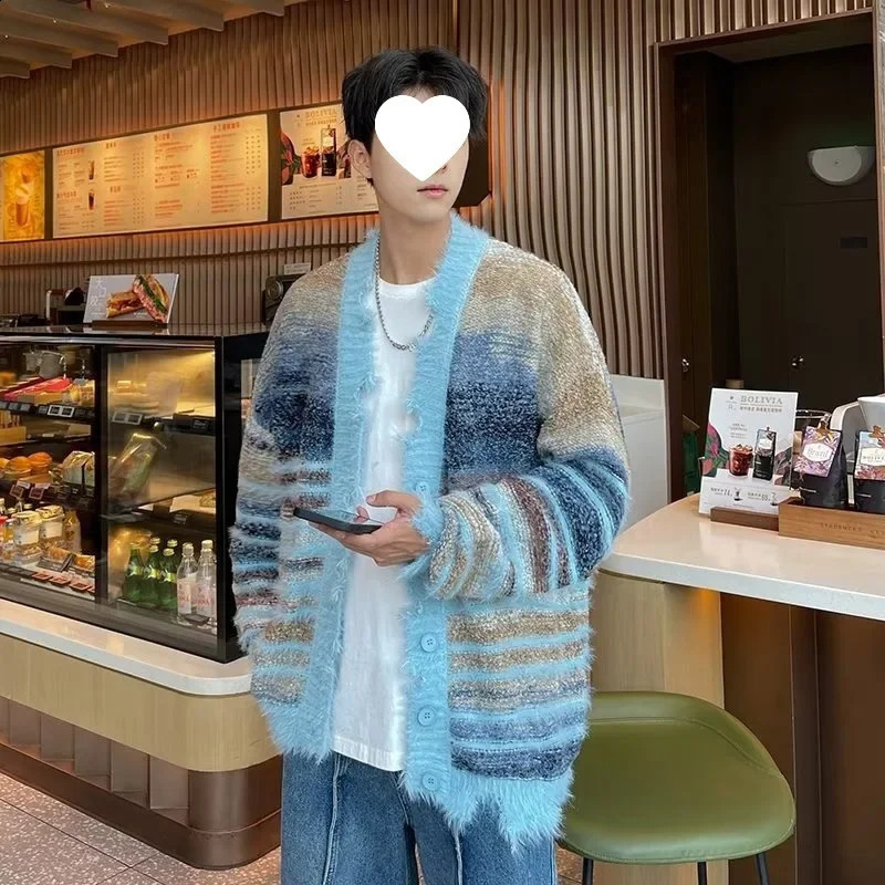 Autumnwinter Fashionable Casual Color Blocking Striped Sweater Cardigan For Men Women Gradient Sleeve Knit Jacket Couples Wear 241226