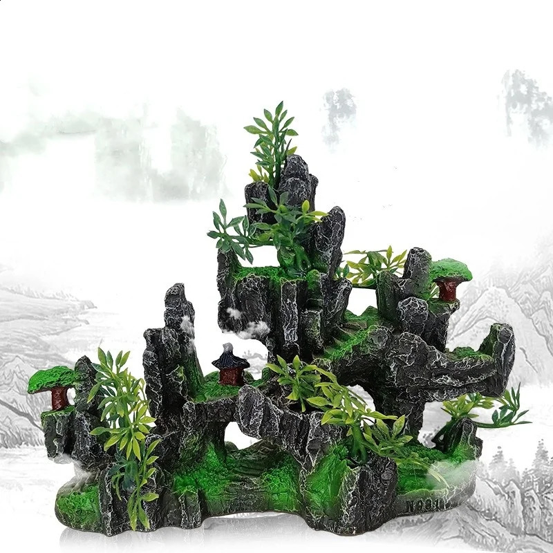 1Pcs Aquarium Mountain Rockery Landscape View Decoration Hill Hanging Bridge View Ornament Resin Fish Tank Decoration Large 241225