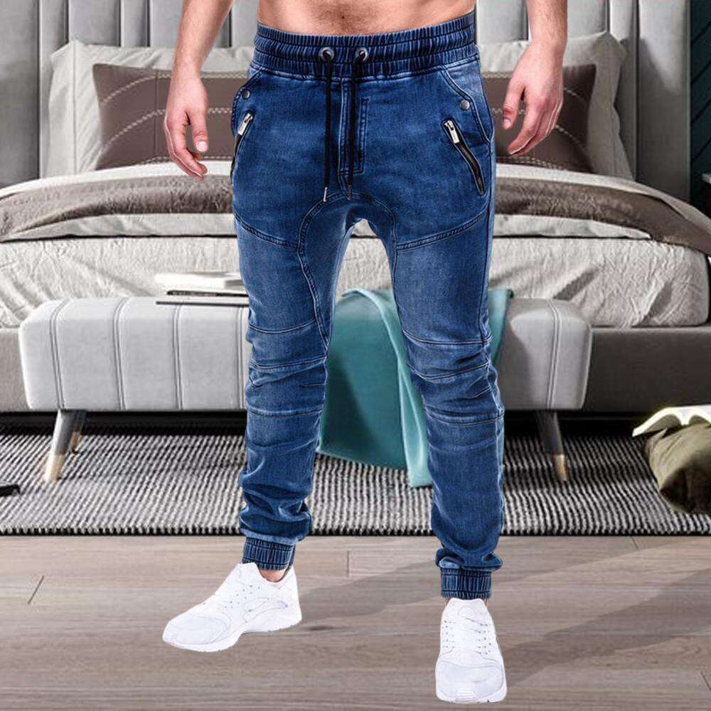 Men's Outdoor Summer Riding Motorpoof Skinny Jeans Fashion Pockets Pencil Pants Ankle Tied Denim Trousers