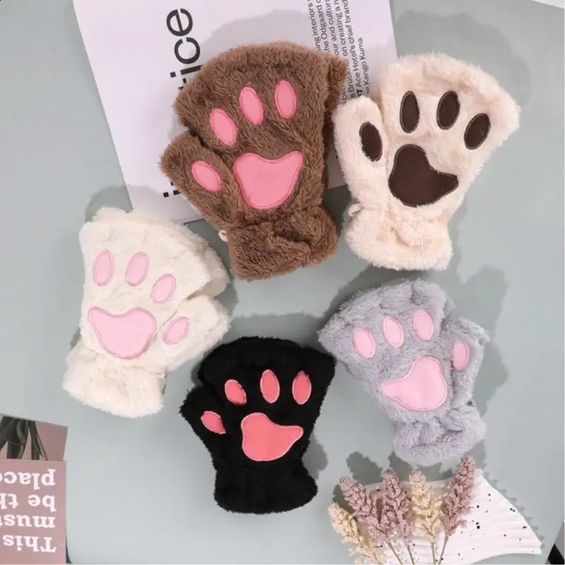 Cat Paw Half-finger Gloves Winter Cute Cartoon Cat Girl Open Finger Gloves Thickened Fluffy Bear Paw Kitten Fingerless Mittens 241227
