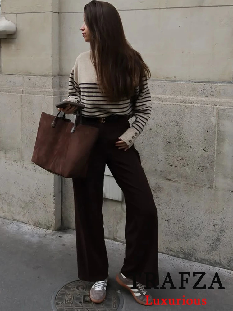 TRAFZA Vintage Casual Women Sweater Striped Stand Collar Long Sleeve Knitted Loose Fashion Autumn Winter Sweaters 241225