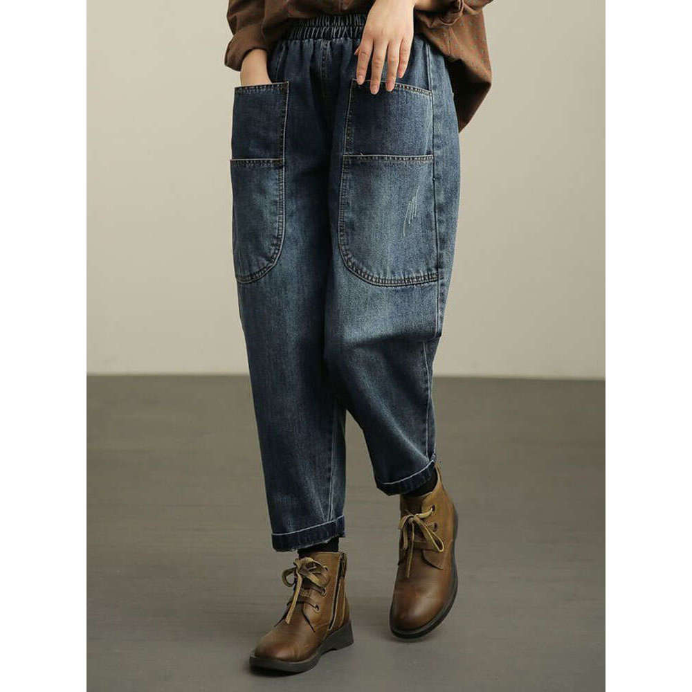 Baggy High Waist Harem Jeans Woman Casual Big Pocket Ankle Length Denim Pants Spring Fall Korean Oversize 90kg Vintage Vaqueros