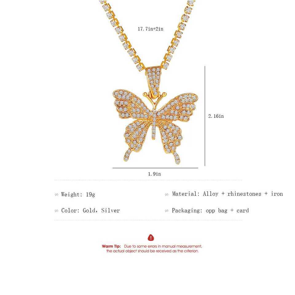 Punk Shiny Zircon Big Butterfly Pendant Necklace Hip Hop Thick Cuban Chains Choker Tennis Chain Necklace For Women Party JewelryXJ241227