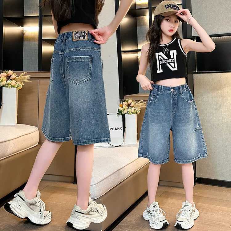 Teens Girls denim Half Pants 2024 Summer Western-style holed shorts Girls Casual Solid Color Children Knee Length Pants W241227