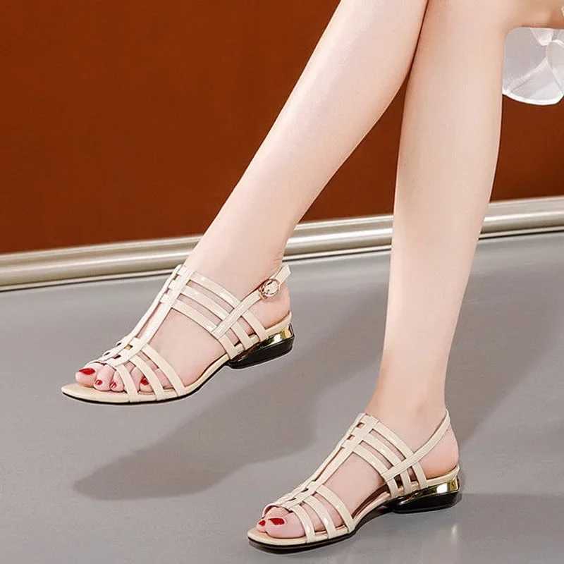 High Quality Comemore Low Heel Sandals Women Patent Leather Hollow Out Summer Womens Shoes New Soft Sole Fashion Ladies Roman Sandals 40 T241227