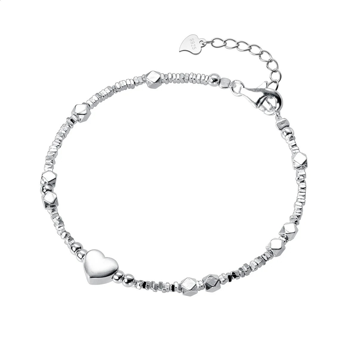 194cm Irregular Heart Anklet For Women Sweet Romantic Silver 925 ID Card Bead Bracelet Shinny Fine Jewelry 241226