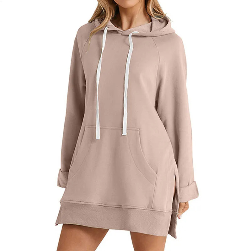 2024 Autumn Hoodie Womens Casual Sweatshirt Coat Pattern Hooded Solid Color Slit Sweatshirts Long Sleeve CYXX180 241223