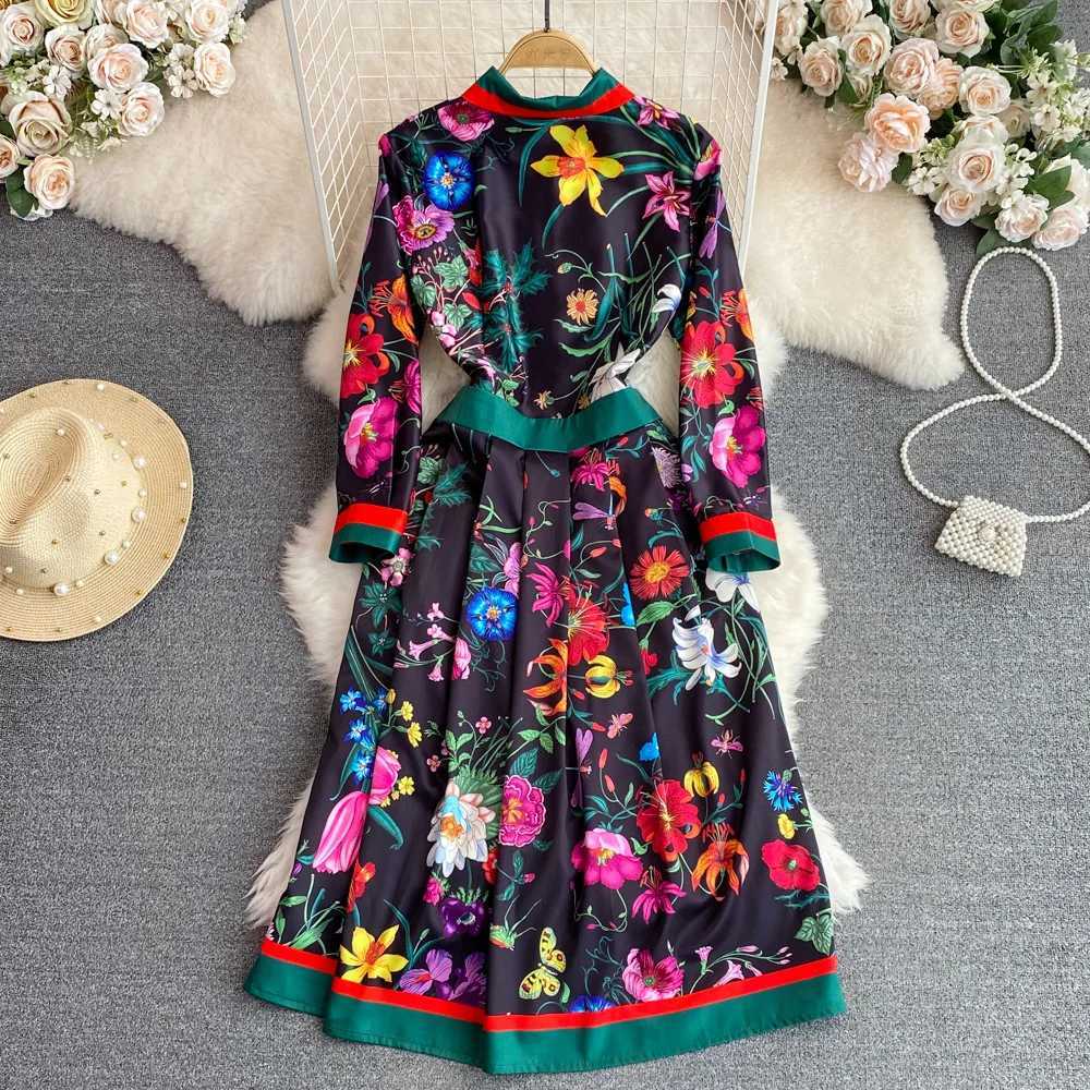 JAMEARY Fashion Runway Red Rose Blue White Porcelain Flower Shirt Womens Summer Autumn Long Sleve Midi Vestidos X241226