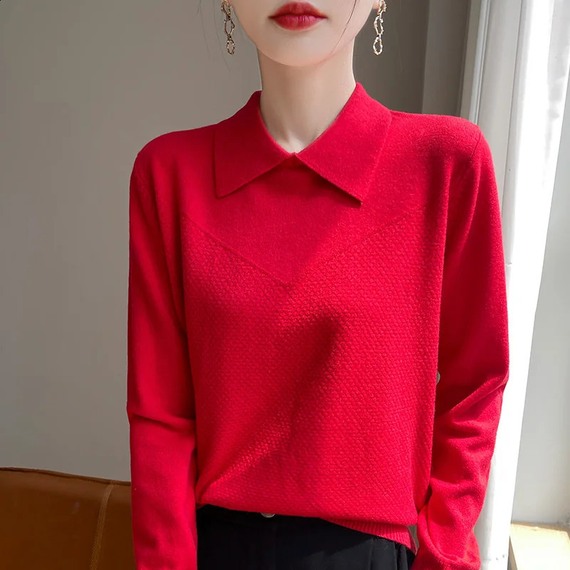 2024 AutumnWinter Flip collar Cashmere Sweater Women Knitted Loose Fashion 241223