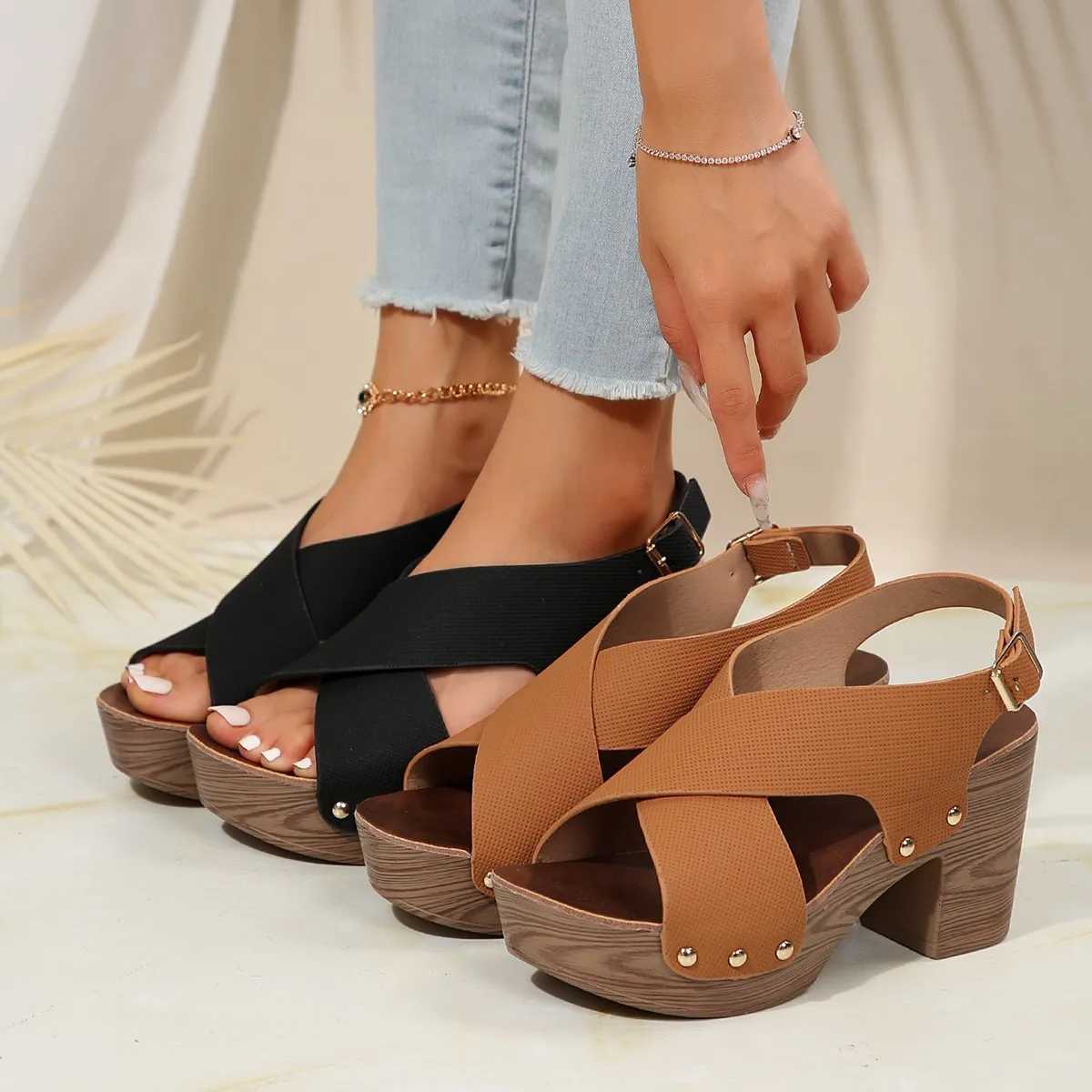 High Quality New Womens Sandal Platform Heeled Shoes Brown Slingback Shoes Peep Toe Chunky Heel Studded Platform Sandals T241227