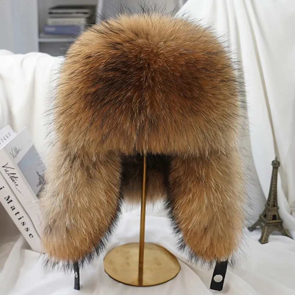 Winter Mens Faux Silver Foxy Fur Bomber Hat Raccoon Fur Hat Catcher Russian Mens Ski Hat