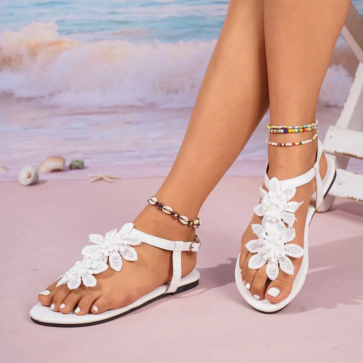 High Quality Fancy White Lace Crochet Flower Sandals Woman Summer Elegant T-Strap Flat Sandalias Ladies Floral Beach Holiday Bride Shoes T241227