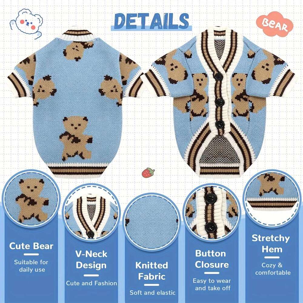 Cartoon Graphic Sweaters Cute Bear Cardigans Clothes Dogs, Puppy Knitting Outfits, Coats, Warm Pet Clothes, Soft Knitwear Apparel For Small Dogs Perfe