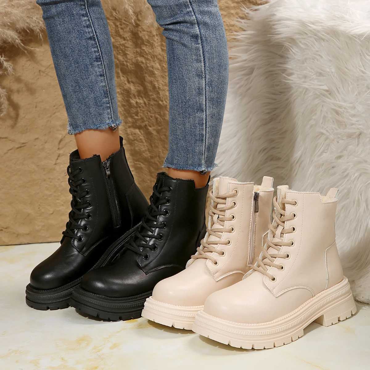 2024 Summer Fall Womens Ankle Boots Classic Beige Black Leather Gothic Fashion Shoes Mid-heel Short Combat Boots Platform ShoesXJ241226