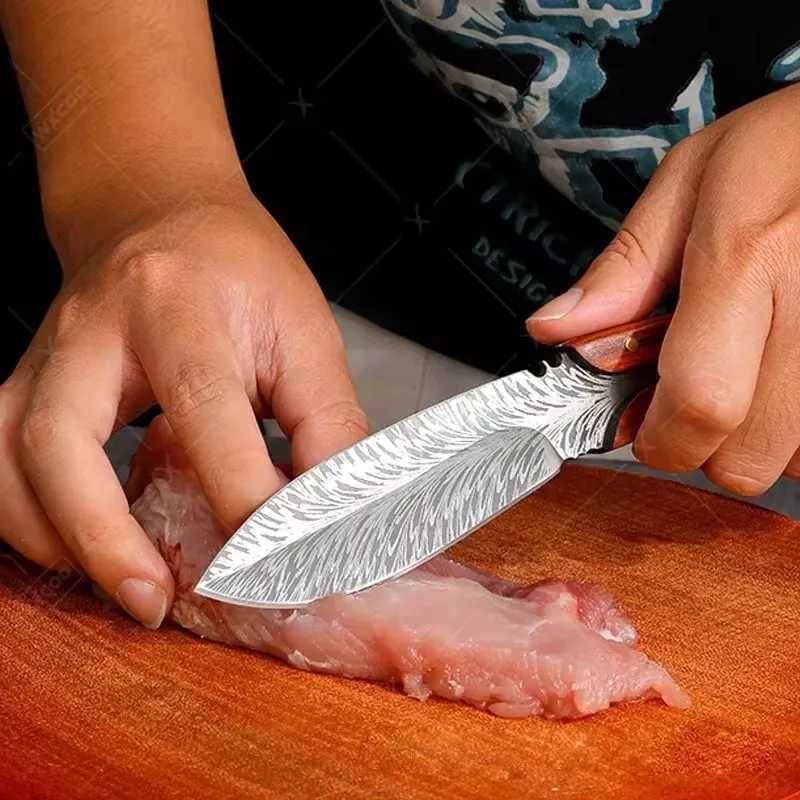 Hand forged Boning knife stainless steel meat slicer Mti steak kitchen knife feather pattern fruit peeler barbecue cooking tool Y241227