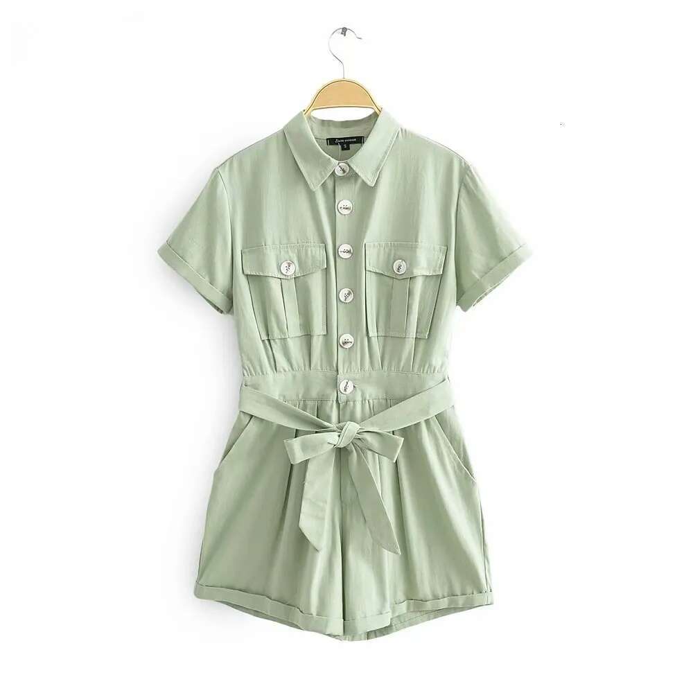 Chic Casual Belted Jumpsuit: Lapel Short Sleeves, Loose Fit With Pockets