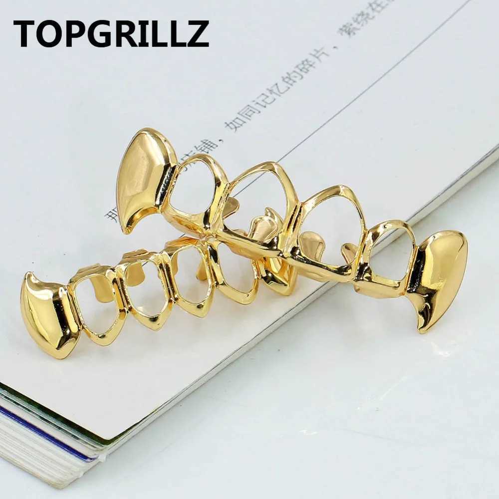 TOPGRILLZ Gold Galvanized Hip Hop Teeth Grill Top and Bottom Grill Hip Hop Sparkling Hollow Vampire Teeth W241227