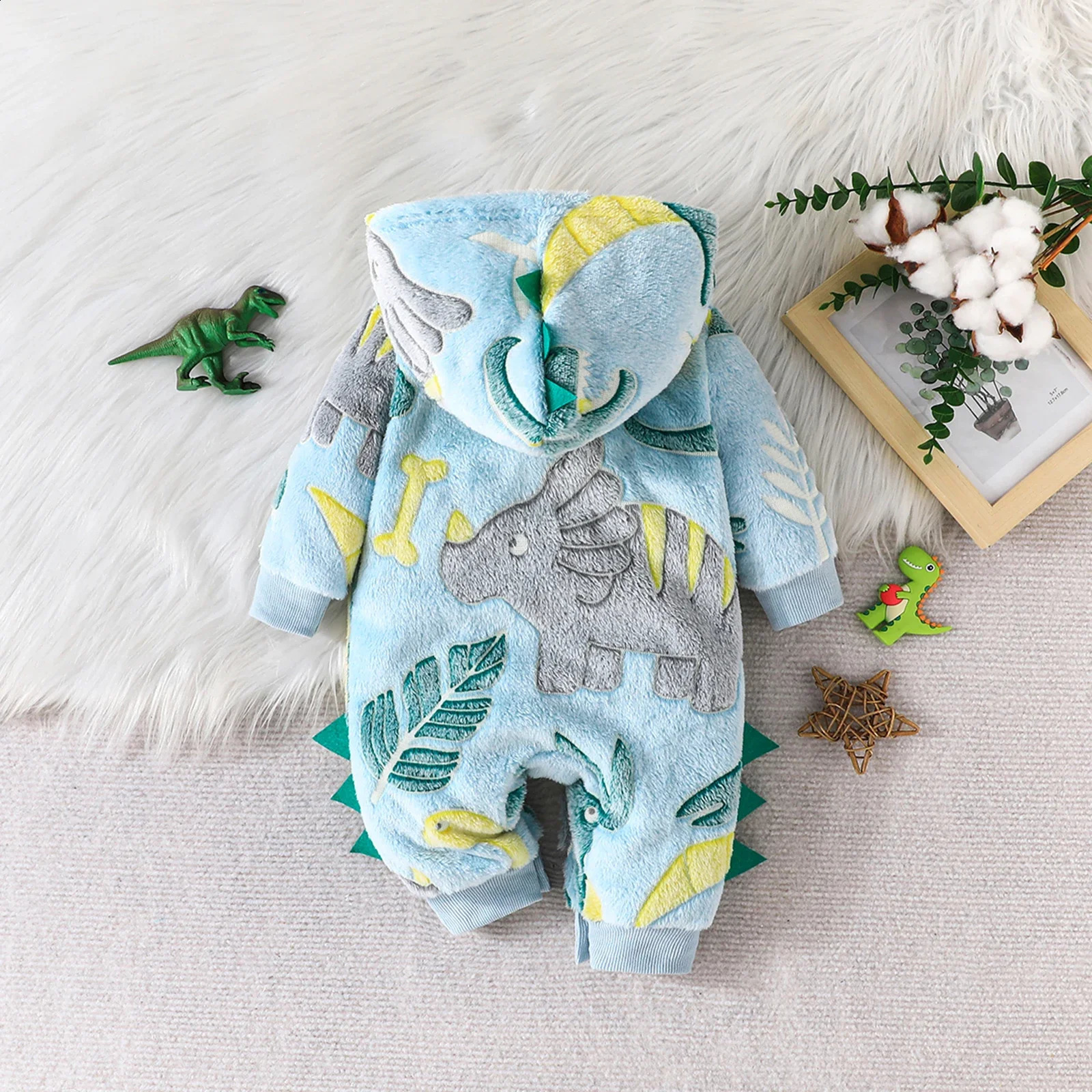 Infant Baby Boy Plush Front Button Romper Dinosaur Pattern Hooded Snap Closure Overall Winter Long Sleeve Jumpsuits 241226