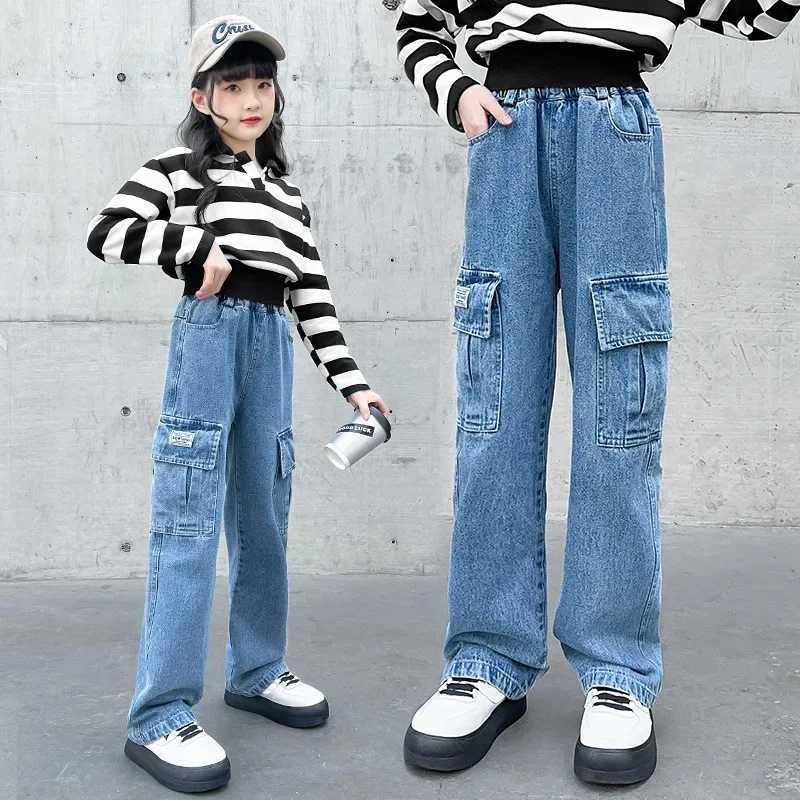 Girls Jeans 2024 Spring New Stickers Fabric Five Star Wide Leg Pants Childrens Trend Teen Trousers W241227