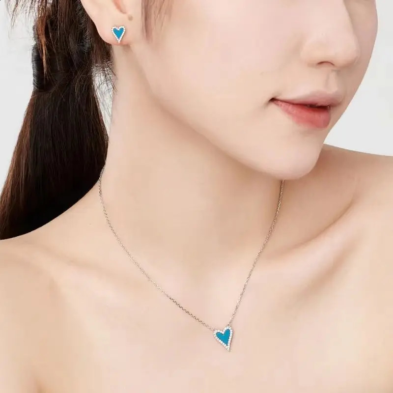 True S925 Silver Heart Jewelry Set Women Black Agate Turquoise Heart Necklace Earrings Female Jewelry 5A Zircon Girl Gift 241226