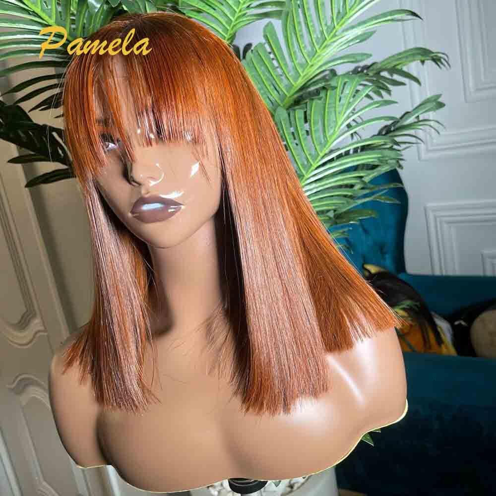 Wear And Go Glueless 250% Density Ginger Orange Bone Straight 13X4 Transparent Lace Front Human Hair Wig With Bang For Women