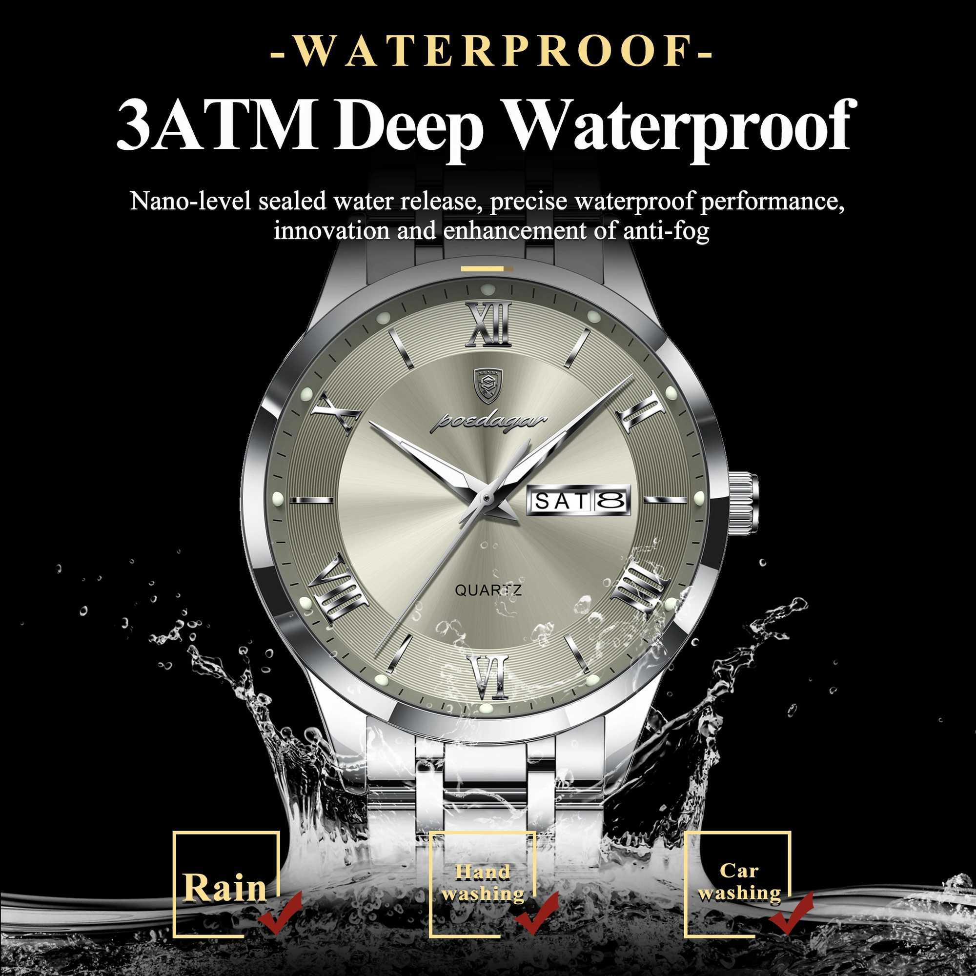 Poedagar Luxury Fashion Mens Watch Waterproof Luminous Week Date Sports Mens Watch Stainless Steel Mens Quartz Watch Reloj M241226