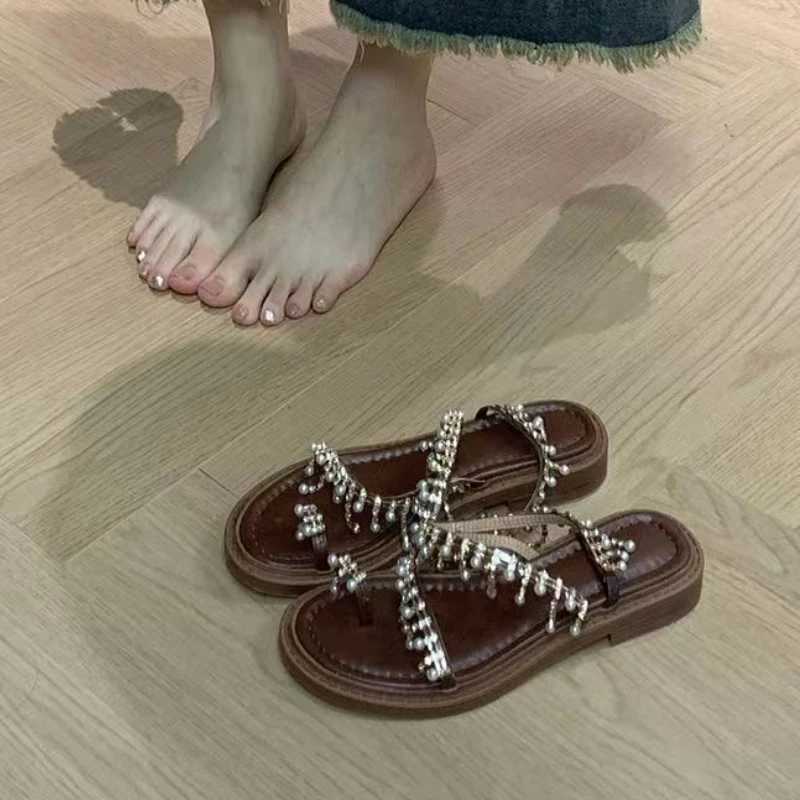 High Quality Womens Sandals Summer New Flat Round Head Set Toe Beaded Tassel Slippers Casual Fashion Innovation Light Sandals T241227