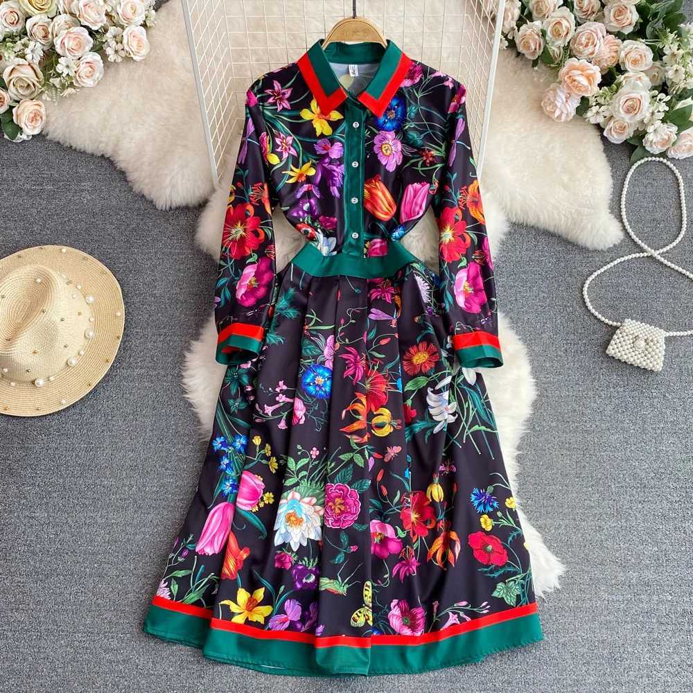 JAMEARY Fashion Runway Red Rose Blue White Porcelain Flower Shirt Womens Summer Autumn Long Sleve Midi Vestidos X241226