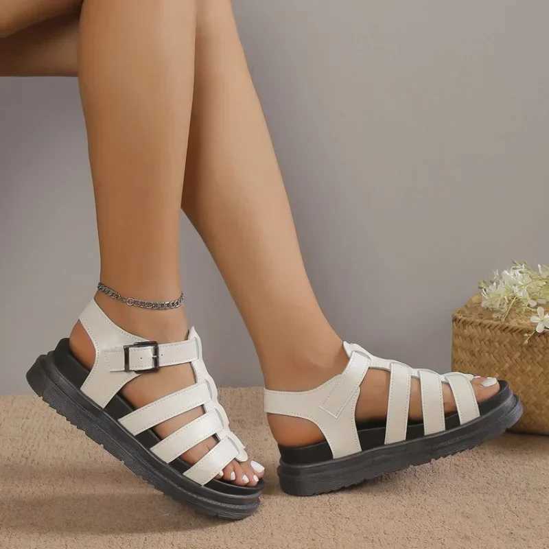 High Quality Women Sandals Summer Toe Openwork Braided Gears Platform Sandals Female PU Leather Roman Beach Black Hollow Shoes T241227