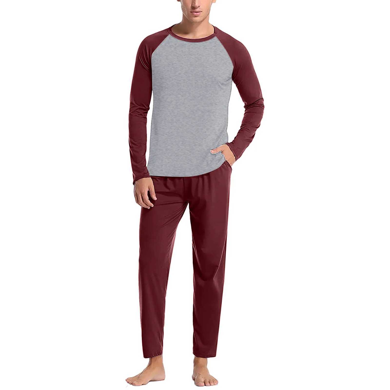 Autumn Winter Men Pajama 2 Piece Set Contrast Color Long Sleeve T Shirt And Solid Pants Set Sleepwear Mens Home ClothesXJ241227
