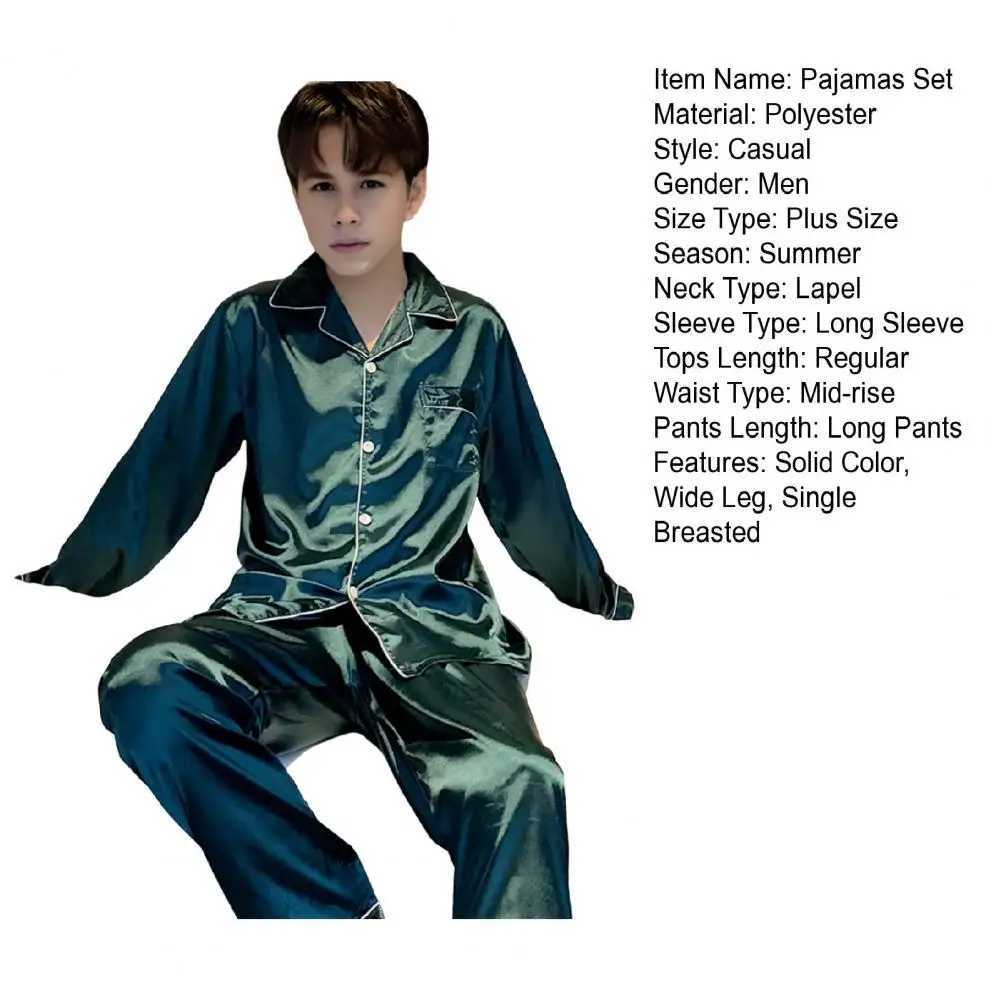 2Pcs/Set Men Summer Pajama Set Lapel Long Sleeve Shirt Elastic Waist Pockets Wide Leg Pants Set Solid Color Single Breasted SleeXJ241227