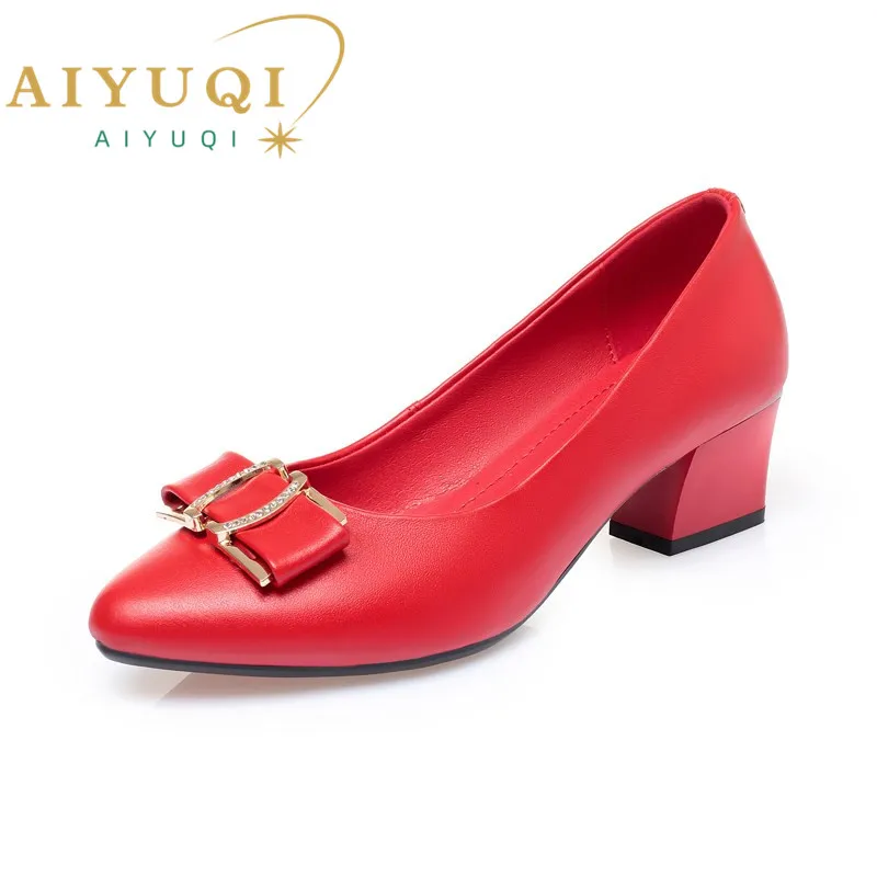 AIYUQI Women's Shoes Autumn Mid-heel Female Work Shoes Pointed Toe Professional Genuine Leather Female Party Shoes